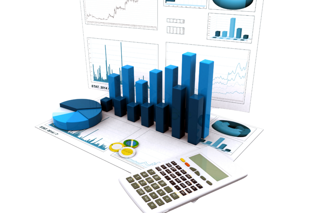 Representação 3D de gráficos e dashboards de análise de dados em tons de azul, incluindo barras, gráficos de pizza e linhas, com uma calculadora e moedas sobre papéis de relatório, simbolizando finanças e precificação.