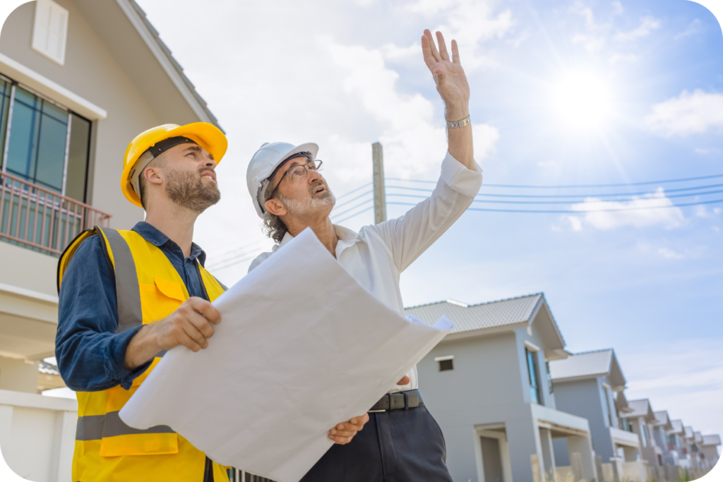 Dois homens, um mais jovem com capacete amarelo e colete de segurança amarelo neon, e um mais velho com capacete branco e camisa social branca, analisam plantas de construção enquanto olham para o horizonte. Eles estão em frente a um condomínio de casas recém-construídas. O homem mais velho levanta uma das mãos, indicando algo, e ambos parecem discutir o projeto e o planejamento da obra. O sol brilha no canto superior direito.