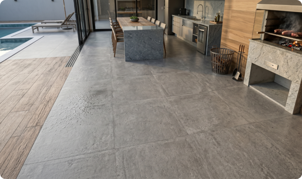 Área gourmet externa com piscina, destacando o uso de grandes placas de porcelanato cinza com acabamento antiderrapante. O ambiente inclui uma churrasqueira moderna em pedra, bancada de granito integrada à mesa de madeira e uma transição de piso para deck amadeirado, exemplificando um projeto seguro e sofisticado para lazer.