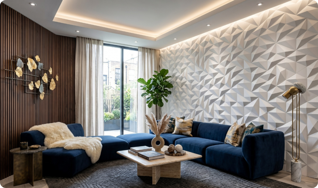 Sala de estar moderna e luxuosa destacando uma parede com revestimento 3D geométrico branco e iluminação embutida no teto. O ambiente possui um sofá de veludo azul marinho, painel ripado de madeira escura, mesa de centro em mármore e decoração sofisticada, criando um contraste elegante entre texturas e tons quentes e frios.